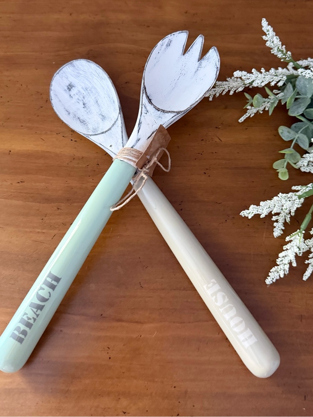 NWT Mud Pie Beach House Wooden Salad Servers in Green and Cream Colors